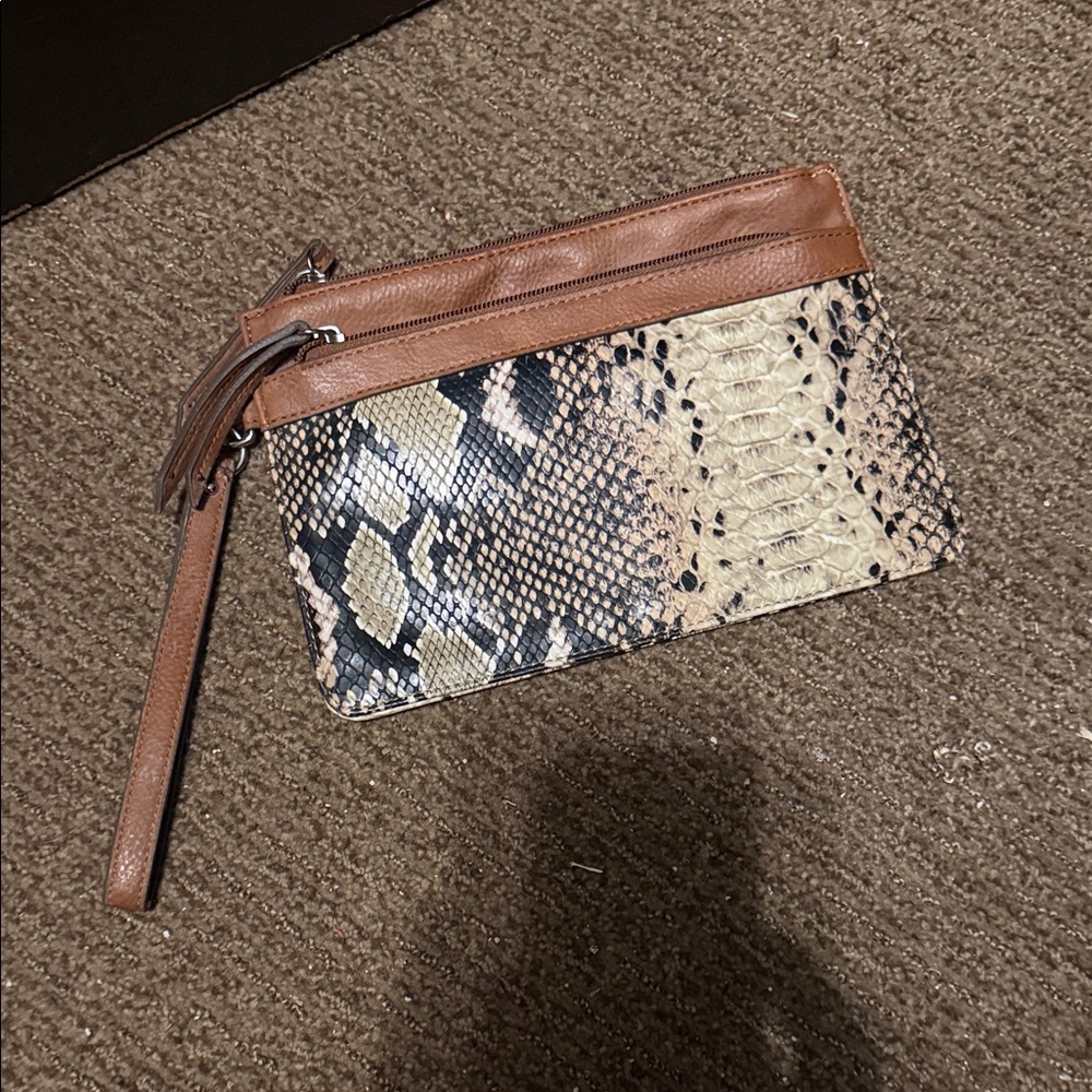 Snake Print Wristlet Clutch in Brown and Cream